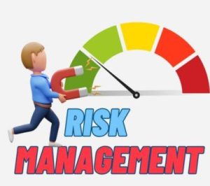 the word risk management with a person pushing a meter to safe area